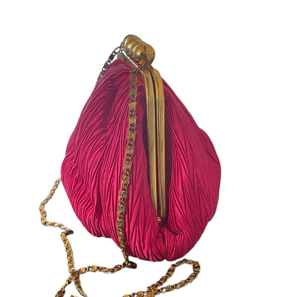 CARLA MARCHI | Pink Vintage Pleated Clutch / Evening Bag w Kisslock & Chain - Picture 3 of 13